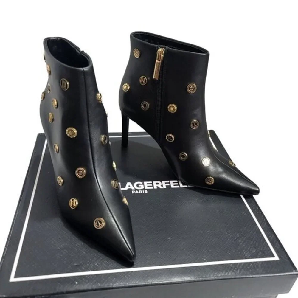 Karl Lagerfeld Saina Boots Heeled Booties 5 Black Leather